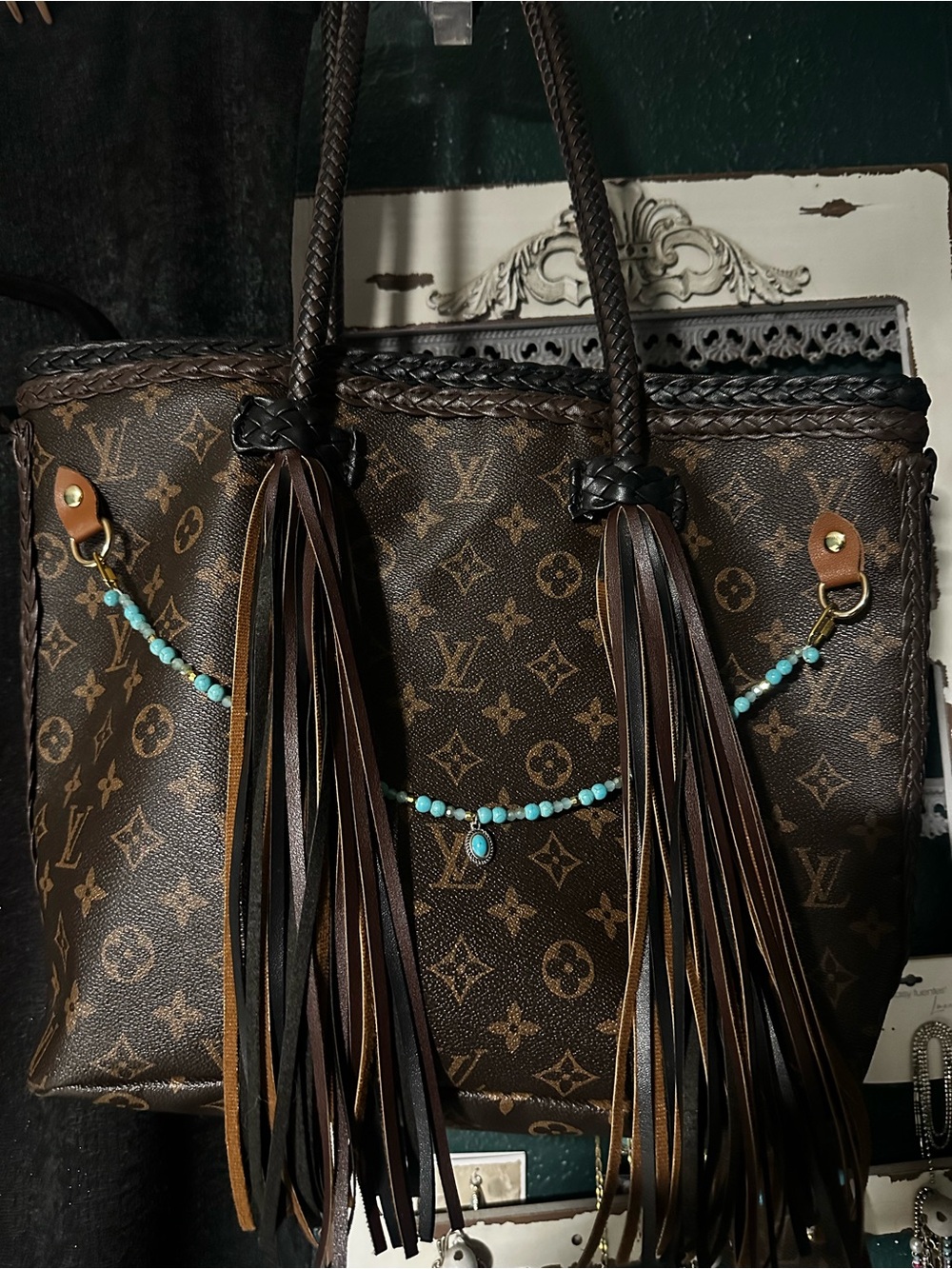 Louis Vuitton Brown Monogram Tote with Turquoise Bead Accent and Fringe